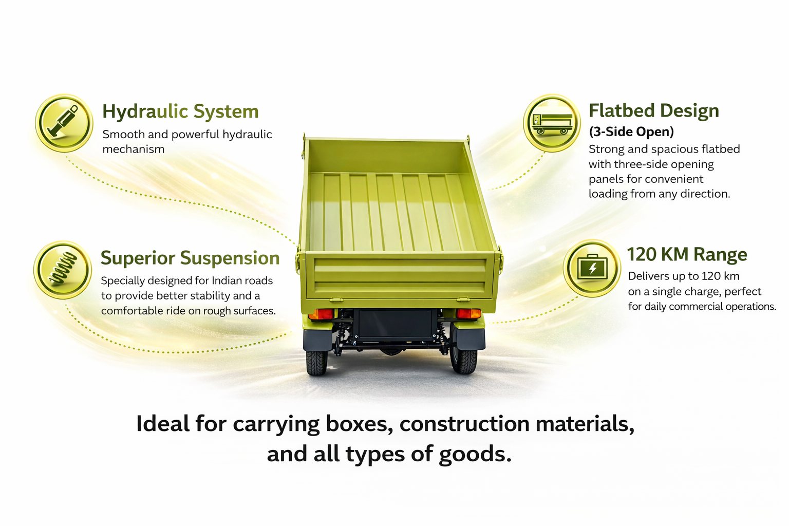 Anikaa Cargo EV with hydraulic flatbed and 120 km range.